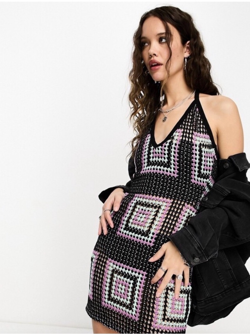 ASOS Design Halter Crochet Mini  Dress in Black and Lilac Square Pattern